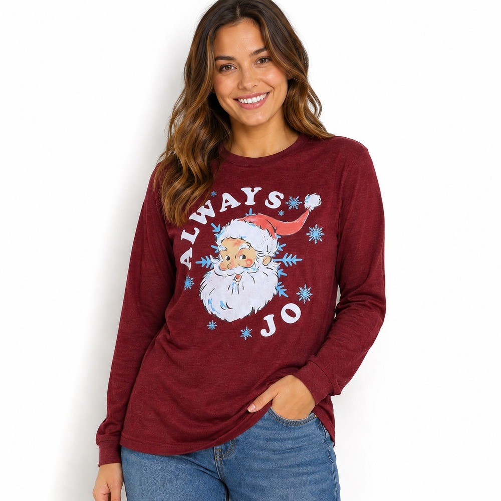 St Jude Always Jolly Santa Claus Christmas Graphic Long Sleeve Shirt Burgundy S